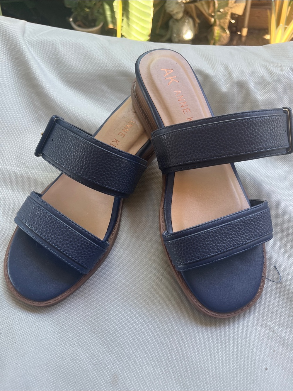 Anne Klein Navy Double-Strap Slide Sandals with Brown Trim